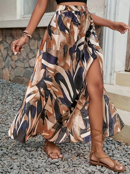 Kadın Beli Büzgülü Yandan Yırtmaçlı Desenli Süprem Etek ürün görseli 1
