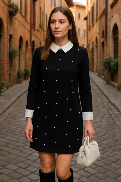 Kadın Uzun Kollu Yakalı Incili Ithal Krep Elbise ürün görseli 1