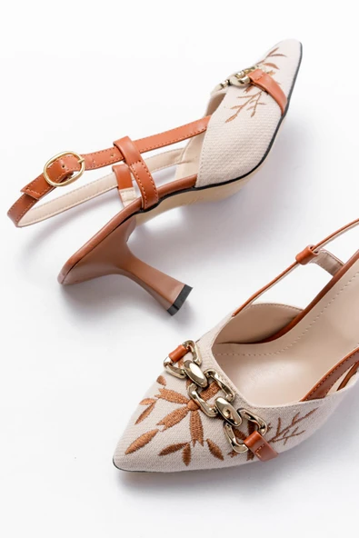 K-250 Taba Keten Günlük Arkası Açık Tokalı Topuklu Kadın Ayakkabı - Resim 4