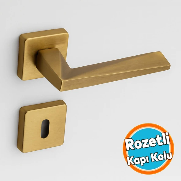 Oda Kapı Kolu Kare Rozetli Antik Sarı Sürgülü ve Çelik Kapı Kulpu Uyumlu Sağ Sol Uygun Kolları ürün görseli