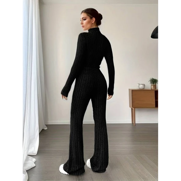 Lucky Life Kadın Uzun Kollu Balıkçı Yaka Krop Ve Pantolon şardonlu Kaşkorse Ikili Takım ürün görseli 1