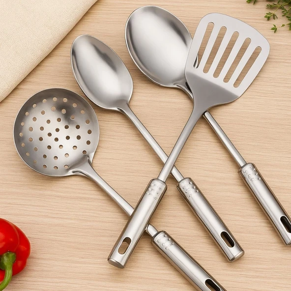 BUFFER® 4lü Çelik Kepçe,Süzgeç,Servis Kaşığı,Spatula Mutfak Yemek Hazırlama Servis Seti - Resim 2