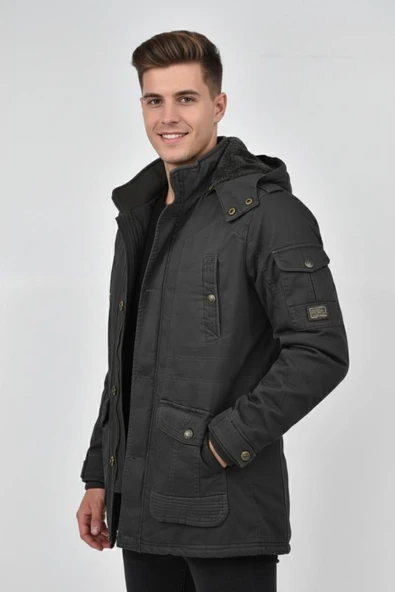 Erkek Spor Kanvas Kapüşonlu Parka M2585 BGL-ST04915 - Resim 5