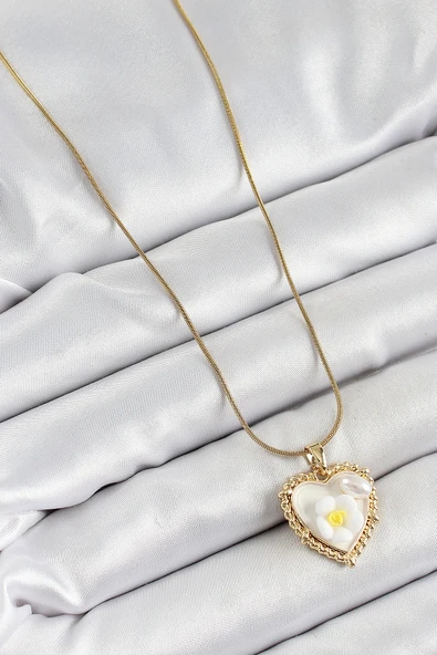 316L Çelik Zincir Beyaz Sanatsal Portre İnci Detaylı Papatya Figürlü Kalp Model Gold Renk Kadın Kolye - TJ-BKO10270 - Resim 2