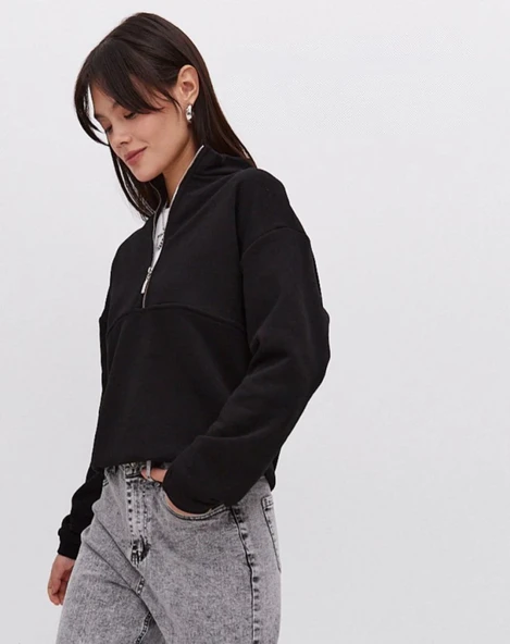 Oversize Yarım Farmuarlı Yakalı Basic SweatShirt - Siyah - Resim 2