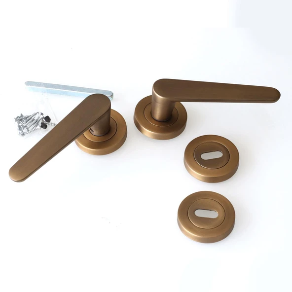 Oda Kapı Kolu Daire Rozetli Antik Sarı Sürgülü ve Çelik Kapı Kulpu Uyumlu Sağ Sol Uygun Kolları - Resim 4