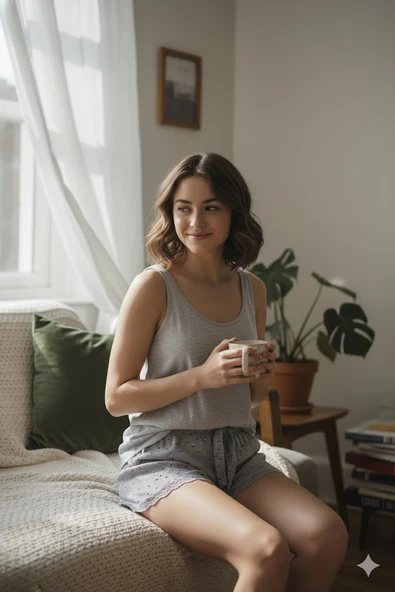 Düz Renk Mini Çiçek Desenli Penye Kadın Ev Şortu Bacak Dantel Detaylı Ev Giyim Gri - 3