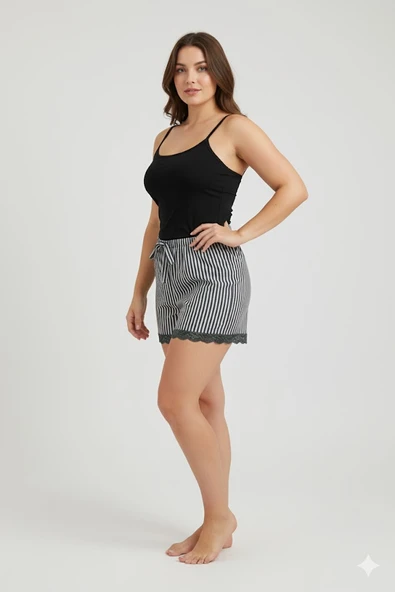 Çizgili Penye Kadın Ev Şortu Bacak Dantel Detaylı Ev Giyim Siyah - 2