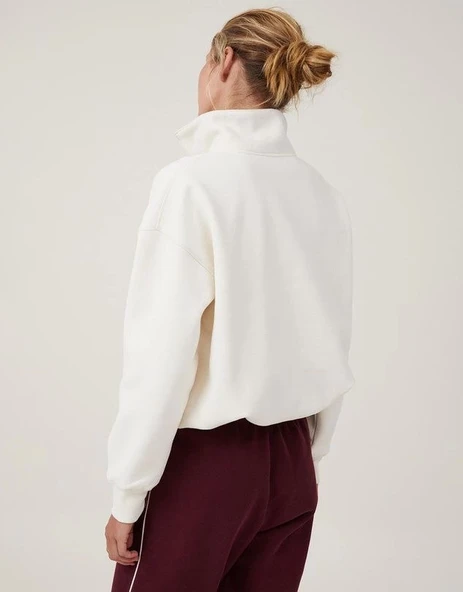 Oversize Yarım Farmuarlı Yakalı Basic SweatShirt - Beyaz - Resim 3