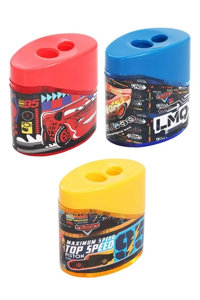 2 li Kalemtraş 3 Adet Arabalar Kırmızı ve Mavi Geniş Hazneli Çift Bıçaklı Kalem Traş No4 Figürlü Jumbo Kalemtıraş