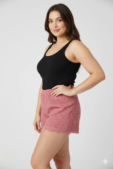 Düz Renk Mini Çiçek Desenli Penye Kadın Ev Şortu Bacak Dantel Detaylı Ev Giyim Pembe - 3