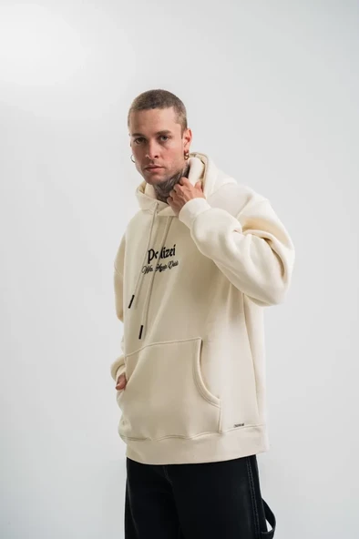 POLIZEI Premium Kalite Kapşonlu Dijital Patchli SweatShirt - Krem - Resim 2