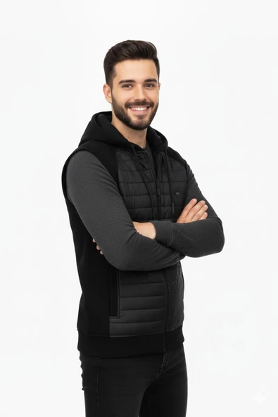 Erkek Kapitone Modelli 3 İplik Kapüşonlu Yelek BGL-ST04866 - Resim 5