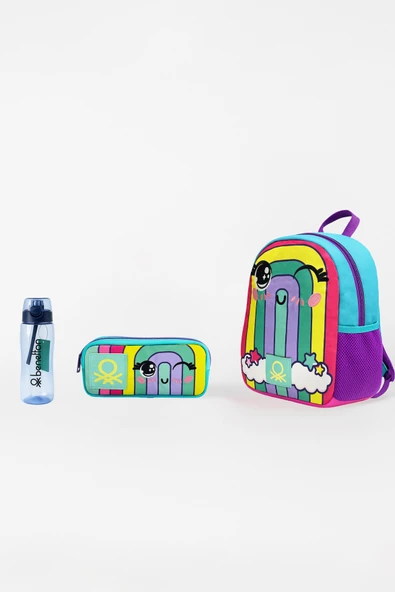 Gökkuşağı Desenli Üçlü Anaokul Çantası Seti(Anaokul Sırt Çantası, Çift Gözlü Kalem Kutusu, Matara Mavi) ürün görseli 1