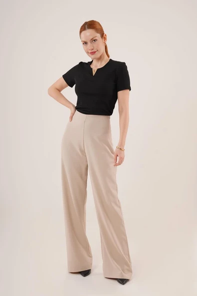 Bol Paça Yandan Fermuarlı Krem Kumaş Pantolon - Resim 4