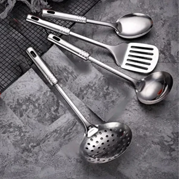 BUFFER® 4lü Çelik Kepçe,Süzgeç,Servis Kaşığı,Spatula Mutfak Yemek Hazırlama Servis Seti ürün görseli