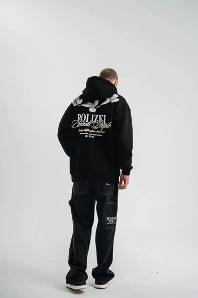 Unisex Uzun Kol Bisiklet Yaka Yıkamalı SweatShirt - Siyah - Resim 4