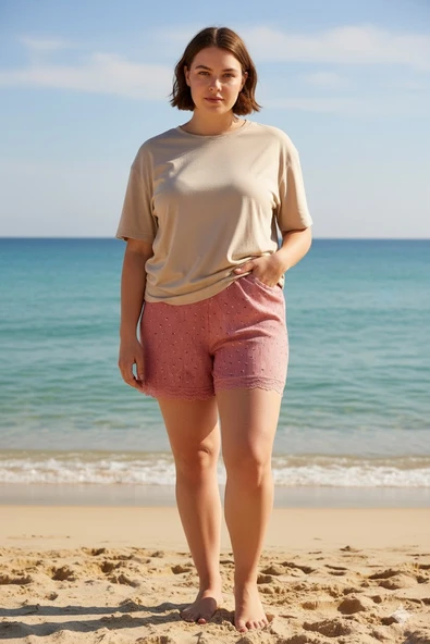 Düz Renk Mini Çiçek Desenli Penye Kadın Ev Şortu Bacak Dantel Detaylı Ev Giyim Pembe - 5