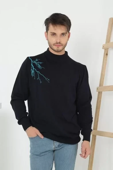 Unisex Yarım Boğazlı Baskılı Dokuma Triko - Siyah ürün görseli