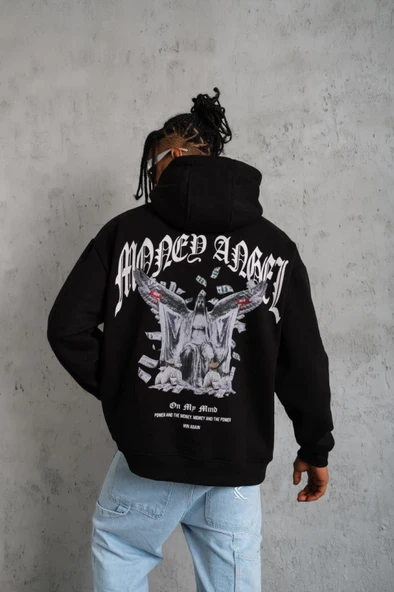 Erkek Kordon İpli Baskılı Kapüşonlu Sweatshirt - Siyah - Resim 2