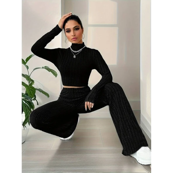 Lucky Life Kadın Uzun Kollu Balıkçı Yaka Krop Ve Pantolon şardonlu Kaşkorse Ikili Takım - Resim 9