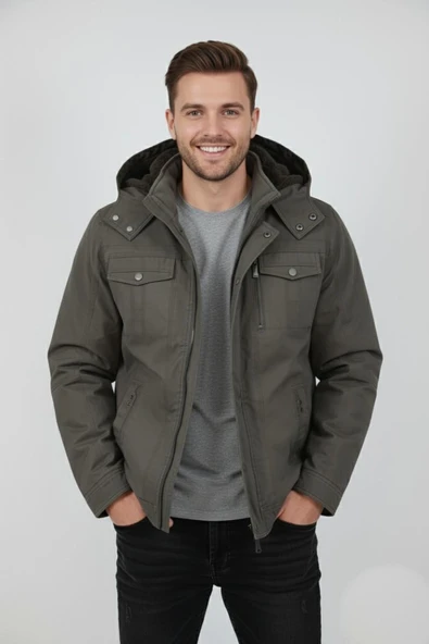 Erkek Kapüşonlu Kanvas Spor Mont M2635 BGL-ST04916 - Resim 13