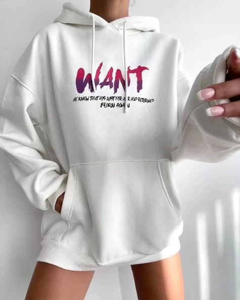 Baskılı Üç İplik Kapüşonlu Oversize Sweatshirt - Beyaz - Resim 2