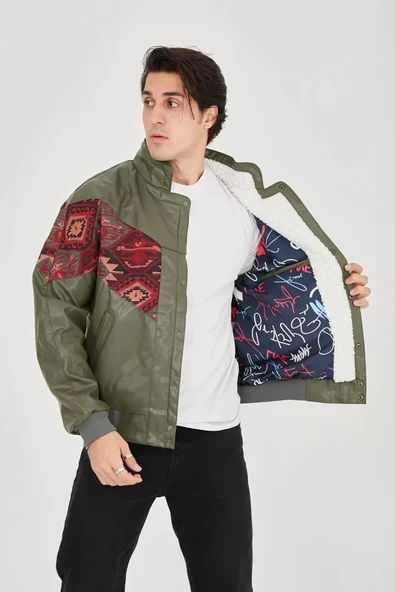 Erkek İçi Astarlı İçten Yaka Kısmı Peluşlu Suni Kumaş Vintage Ceket - Haki - Resim 3