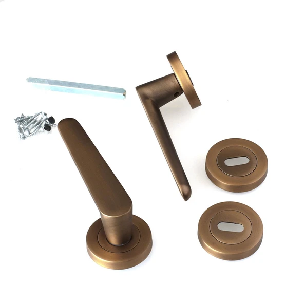 Oda Kapı Kolu Daire Rozetli Antik Sarı Sürgülü ve Çelik Kapı Kulpu Uyumlu Sağ Sol Uygun Kolları - Resim 3