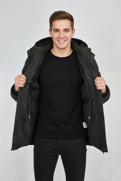 Erkek Spor Kanvas Kapüşonlu Parka M2585 BGL-ST04915 - Resim 9