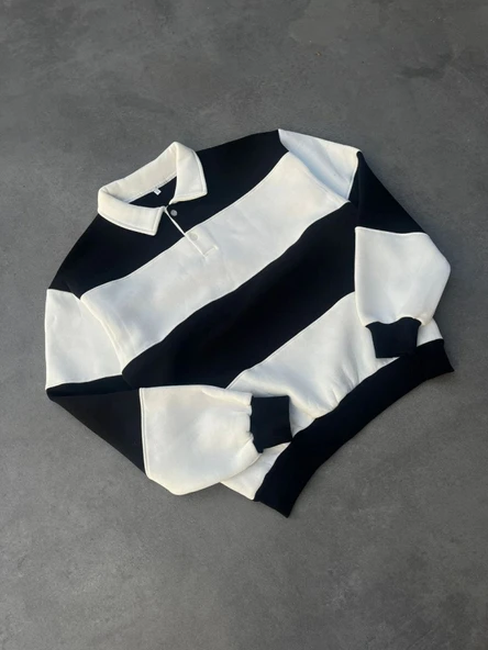 Unisex Üç İplik Parçalı Yakalı SweatShirt - Siyah - Resim 2