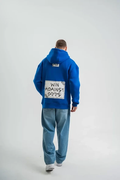 Unisex Kapşonlu Uzun Kol Patchli Nakışlı SweatShirt - Mavi - Resim 4