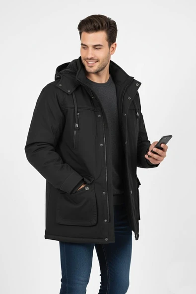 Erkek Spor Kanvas Kapüşonlu Parka 85134 BGL-ST04883 - Resim 7