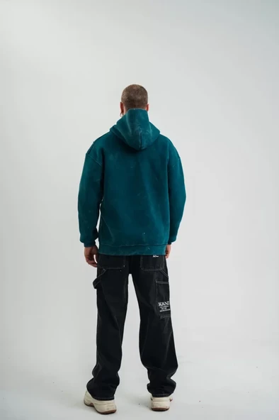 Unisex Uzun Kol Kapşonlu Yıkamalı Nakışlı SweatShirt - Koyu Deniz Yeşili - Resim 4