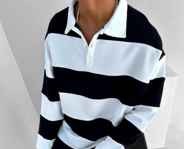 Unisex Üç İplik Parçalı Yakalı SweatShirt - Siyah ürün görseli