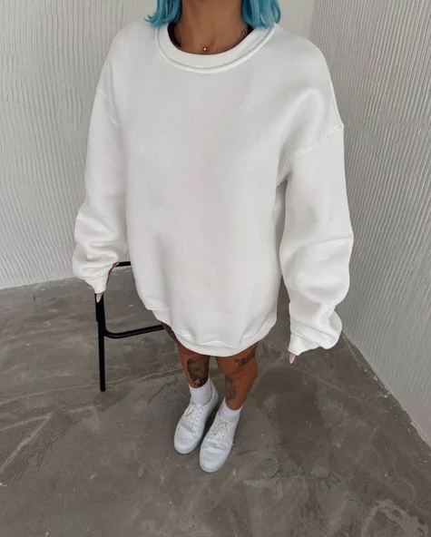 Kışlık Bisiklet Yaka Üç İplik Basic SweatShirt - Beyaz ürün görseli