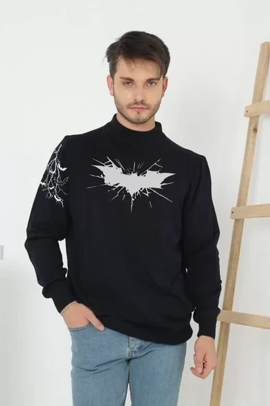 Unisex Yarım Boğazlı Baskılı Dokuma Triko - Siyah ürün görseli