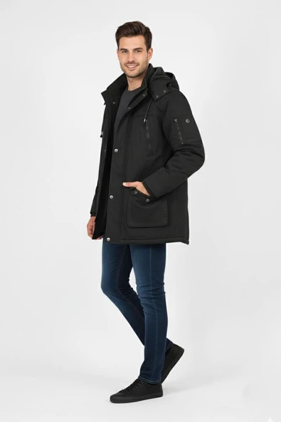 Erkek Spor Kanvas Kapüşonlu Parka 85134 BGL-ST04883 - Resim 4