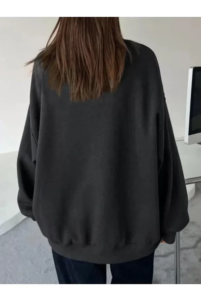 Düz Bisiklet Yaka Sweat - Siyah - Resim 2