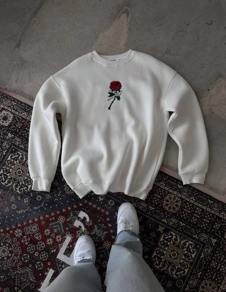Unisex Bisiklet Yaka Ön Ve Arka Baskılı SweatShirt - Beyaz ürün görseli