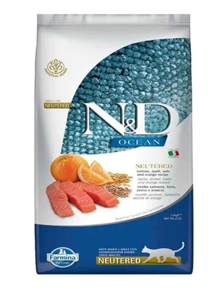 N&D Ocean Somonlu ve Portakallı Düşük Tahıllı Kısırlaştırılmış Açık Yetişkin Kedi Maması 3 KG