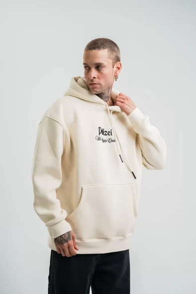 POLIZEI Premium Kalite Kapşonlu Dijital Patchli SweatShirt - Krem - Resim 4