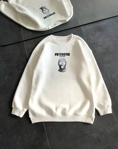 Kışlık Bisiklet Yaka Baskılı SweatShirt - Beyaz - Resim 2
