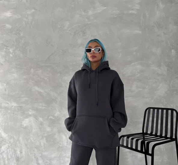 Kapşonlu Üç İplik Penye Basic SweatShirt - Füme - Resim 2