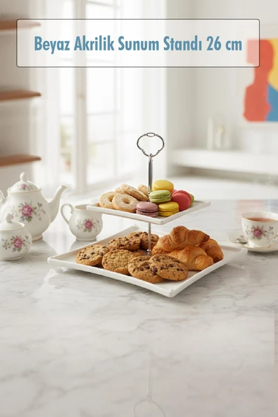 2 Katlı Beyaz Akrilik Meyvelik & Kurabiyelik & Sunum Standı - 26 cm ürün görseli 1