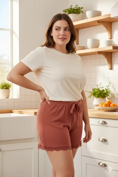 Bambu Fitilli Kadın Ev Şortu Bacak Dantel Detaylı Ev Giyim Taba - 5