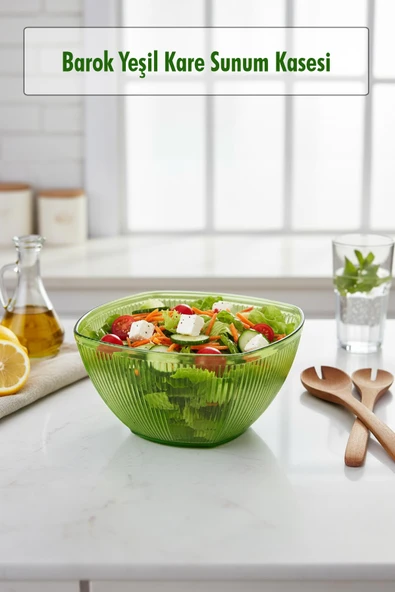 Barok Yeşil Orta Boy Kare Kase & Sunum Kasesi - 1,5 Lt