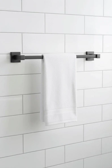 Siyah Yapışkanlı Uzun Havluluk – Kare Topuzlu, (Yapıştır/Vidala) Montajlı Dayanıklı Metal Askı - (S-101) - KTS - Resim 2