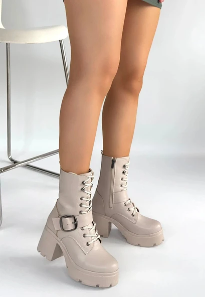 Linma Bej Cilt Bağcıklı Topuklu Bot - Resim 2