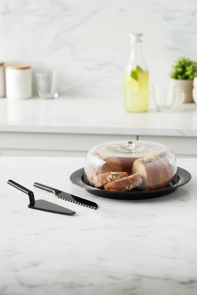 Akrilik Mat Siyah Kek Fanusu ve Servis Seti - 33 x 39 x 14 cm - Resim 3